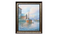 ภาพสีน้ำมัน-กรอบไม้พลาสติกสีเงิน ภาพเรือใบ